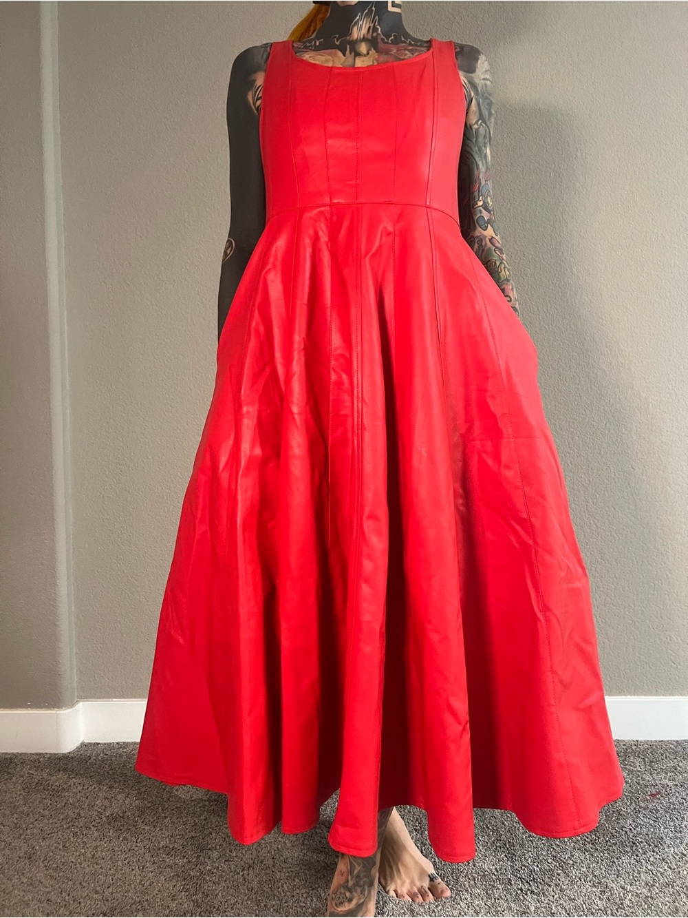 Classic faux leather Red Sleeveless long Dress